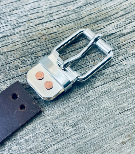 (SB-01)Leather - Sterling Silver Belt-Plate Buckle on Premium Leather Belt Strap