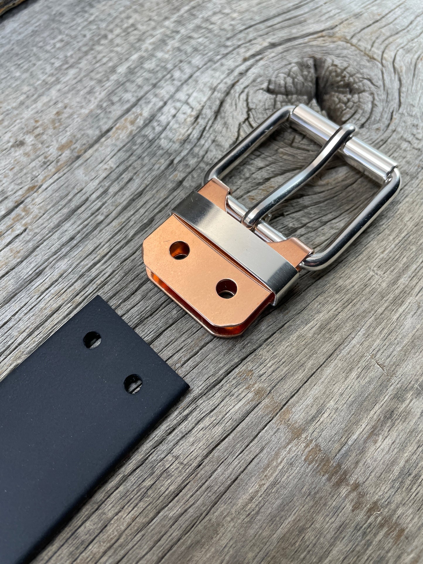 FLEX(SB-02)72 - Sterling Silver Buckle - Silver Keeper - Copper Plate Buckle on WeatherFlex Waterproof Belt Strap 72"