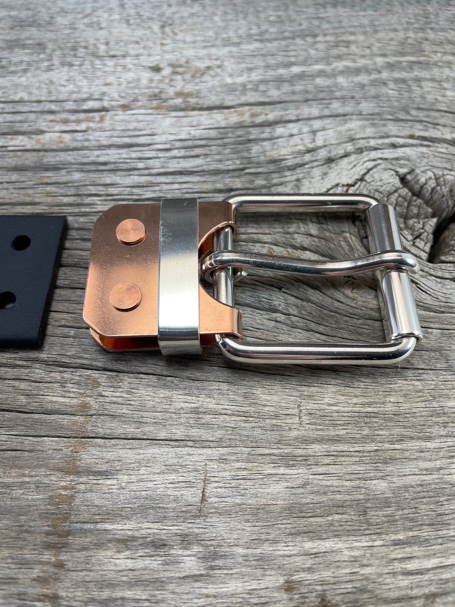 FLEX(SB-02)72 - Sterling Silver Buckle - Silver Keeper - Copper Plate Buckle on WeatherFlex Waterproof Belt Strap 72"