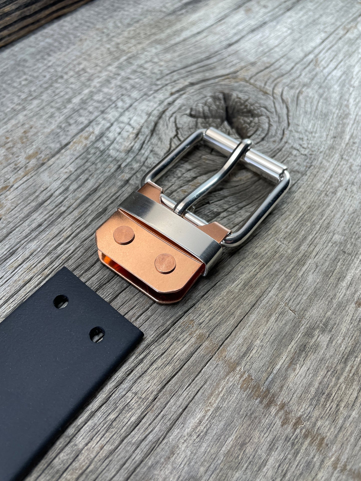 FLEX(SB-02)72 - Sterling Silver Buckle - Silver Keeper - Copper Plate Buckle on WeatherFlex Waterproof Belt Strap 72"
