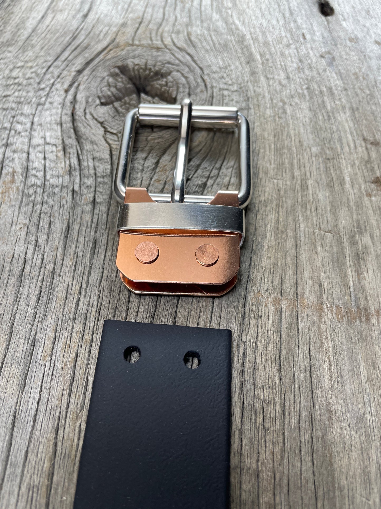 FLEX(SB-02)72 - Sterling Silver Buckle - Silver Keeper - Copper Plate Buckle on WeatherFlex Waterproof Belt Strap 72"