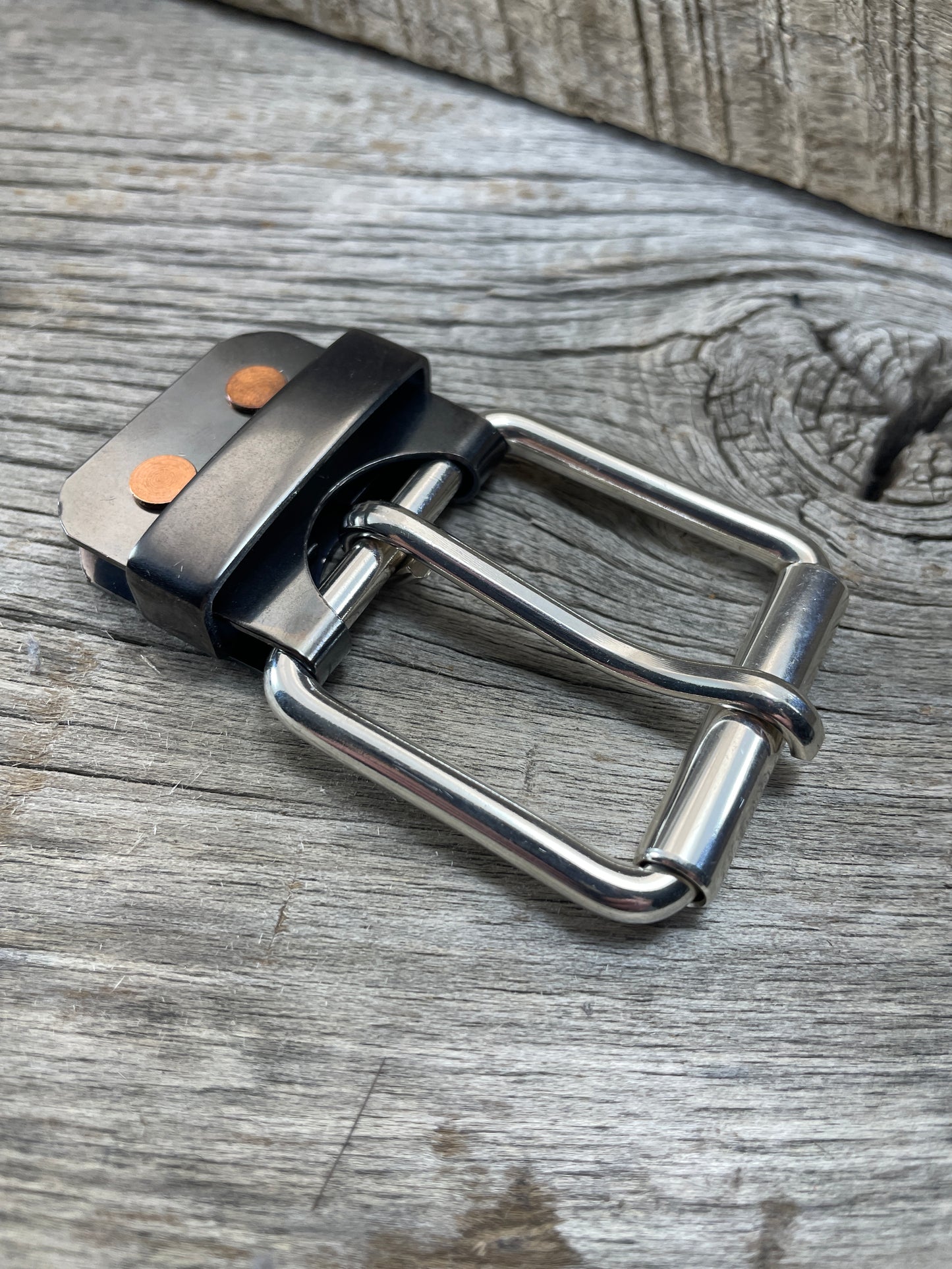 FLEX(SB-04)72 - Sterling Silver Buckle - Copper Keeper - Copper Belt-Plate - on WeatherFlex Waterproof Belt Strap 72"