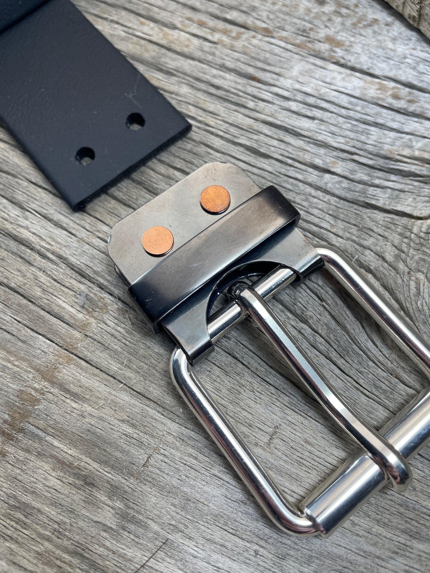 FLEX(SB-04)72 - Sterling Silver Buckle - Copper Keeper - Copper Belt-Plate - on WeatherFlex Waterproof Belt Strap 72"