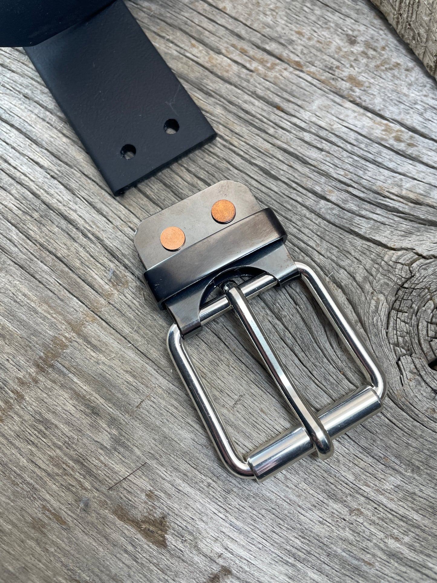 FLEX(SB-04)72 - Sterling Silver Buckle - Copper Keeper - Copper Belt-Plate - on WeatherFlex Waterproof Belt Strap 72"