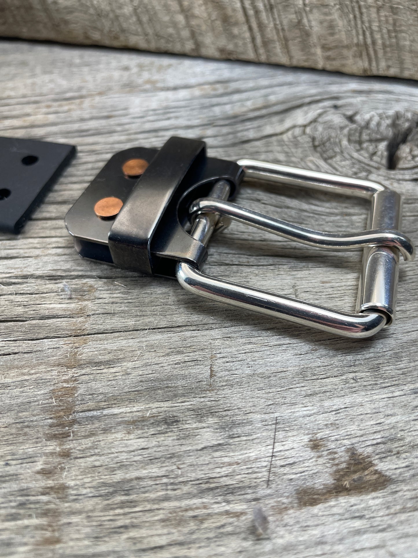 FLEX(SB-04)72 - Sterling Silver Buckle - Copper Keeper - Copper Belt-Plate - on WeatherFlex Waterproof Belt Strap 72"