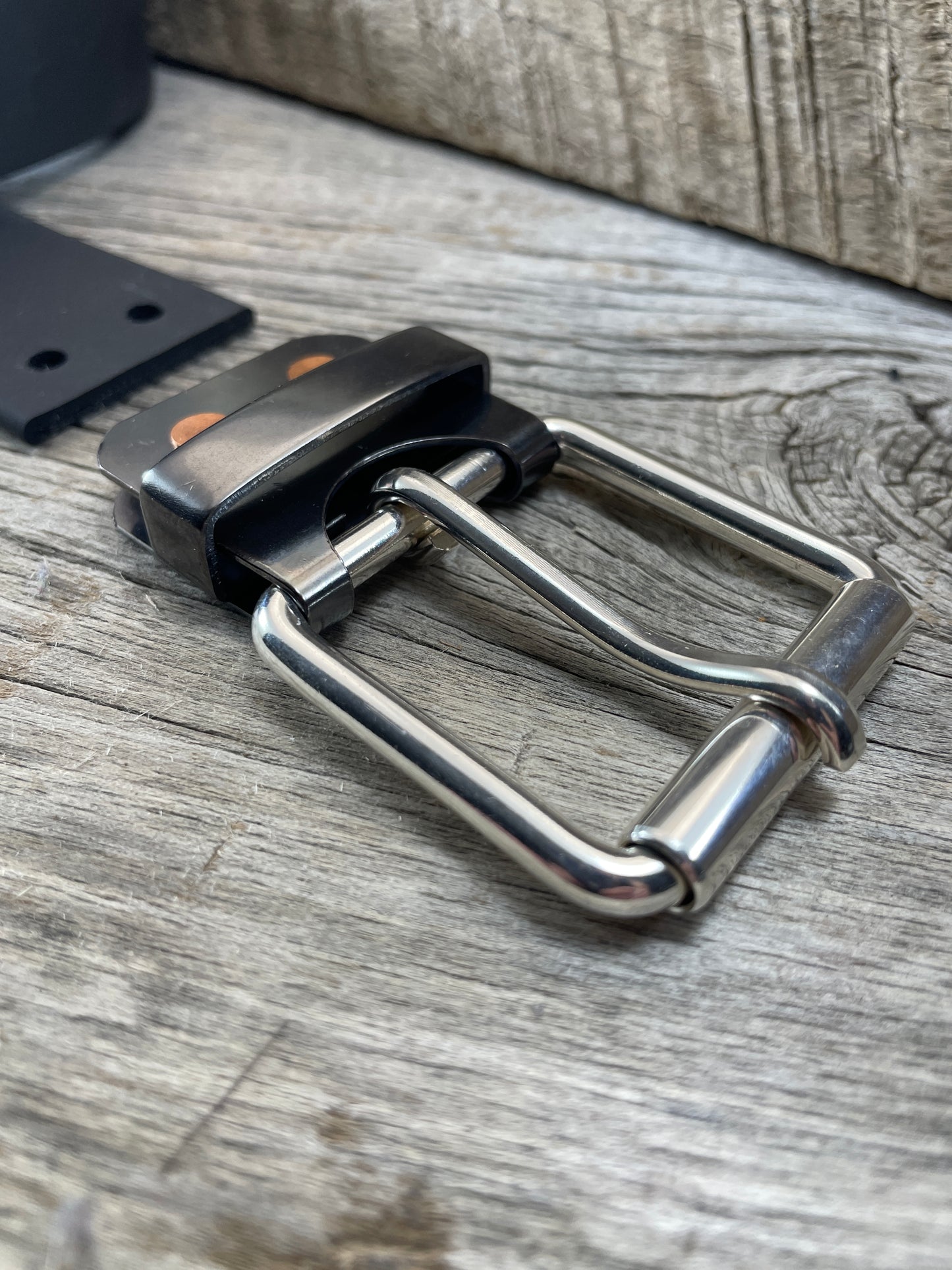 FLEX(SB-04)72 - Sterling Silver Buckle - Copper Keeper - Copper Belt-Plate - on WeatherFlex Waterproof Belt Strap 72"