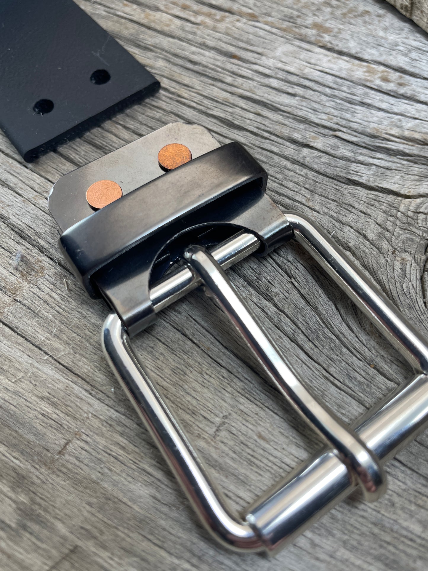 FLEX(SB-04)72 - Sterling Silver Buckle - Copper Keeper - Copper Belt-Plate - on WeatherFlex Waterproof Belt Strap 72"