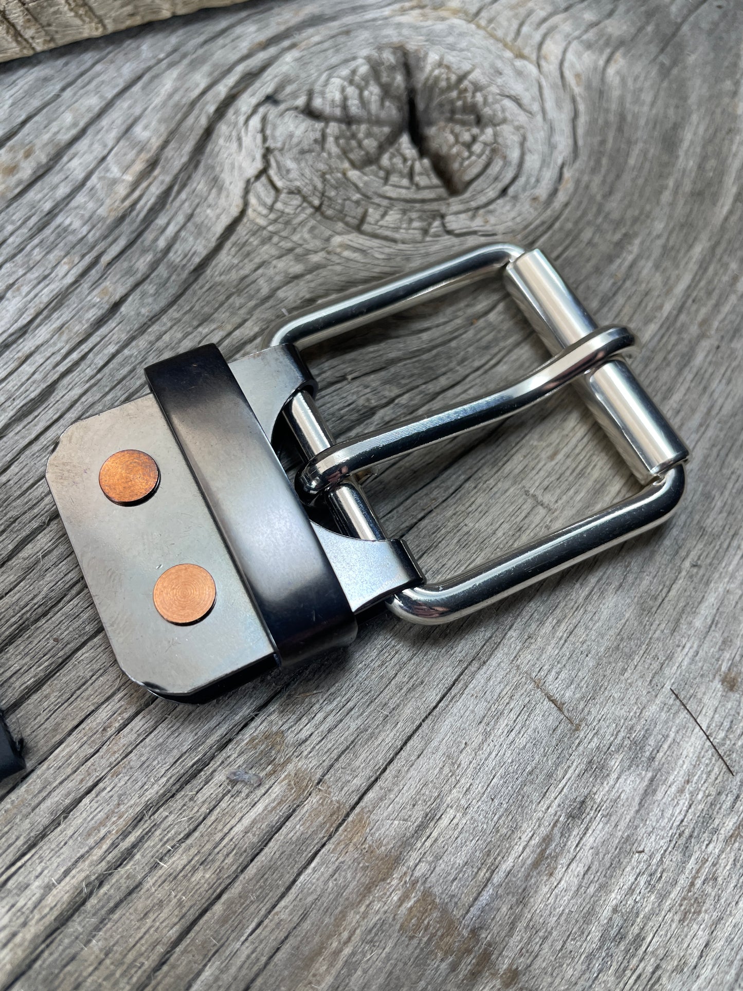 FLEX(SB-04)72 - Sterling Silver Buckle - Copper Keeper - Copper Belt-Plate - on WeatherFlex Waterproof Belt Strap 72"
