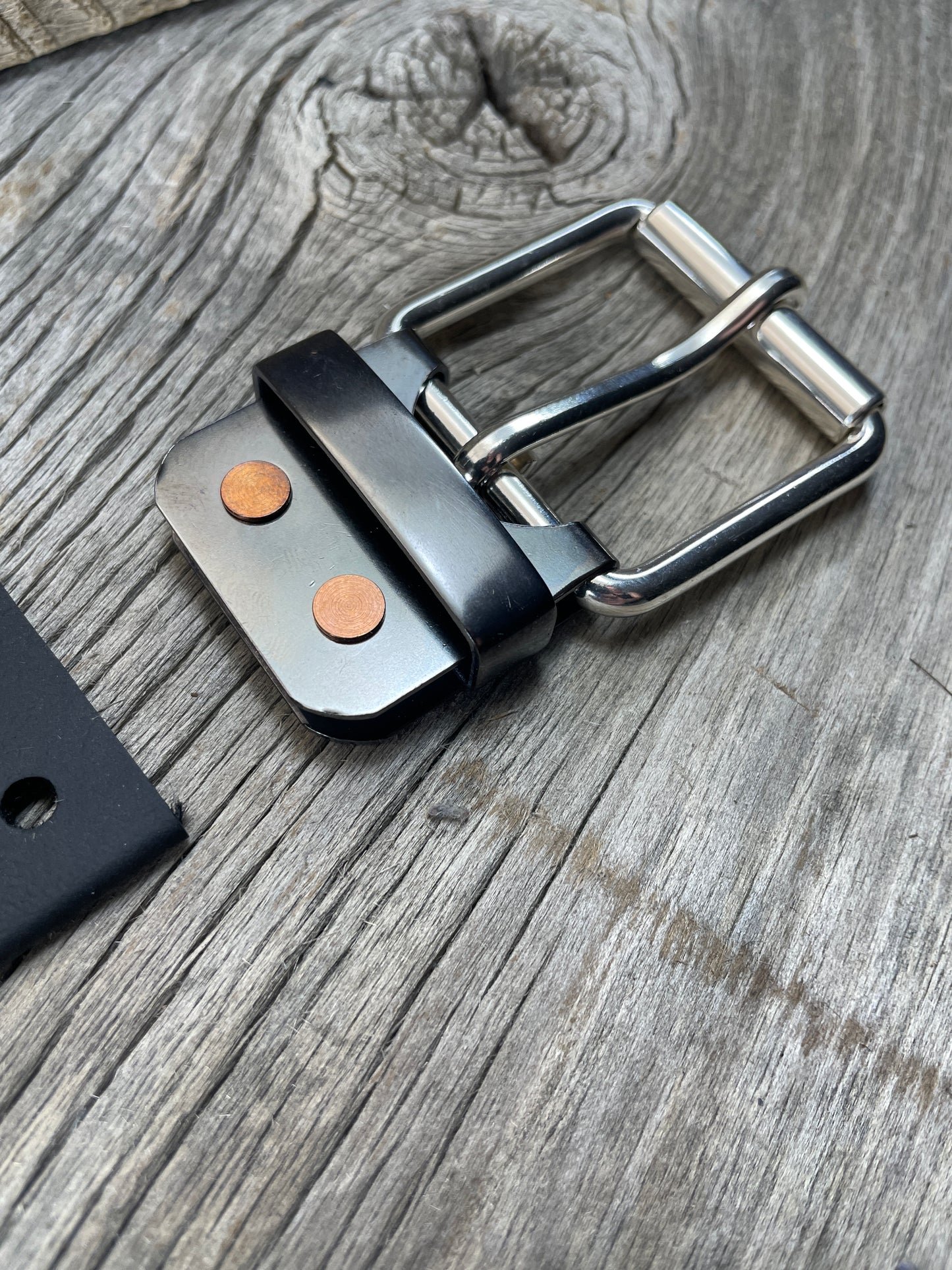 FLEX(SB-04)72 - Sterling Silver Buckle - Copper Keeper - Copper Belt-Plate - on WeatherFlex Waterproof Belt Strap 72"