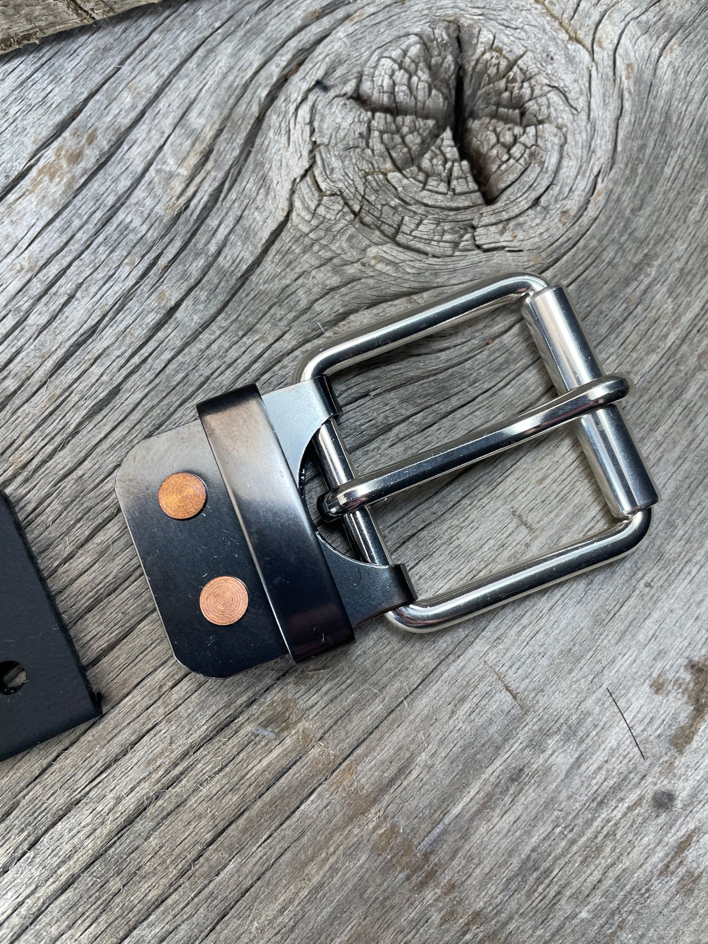 FLEX(SB-04)72 - Sterling Silver Buckle - Copper Keeper - Copper Belt-Plate - on WeatherFlex Waterproof Belt Strap 72"