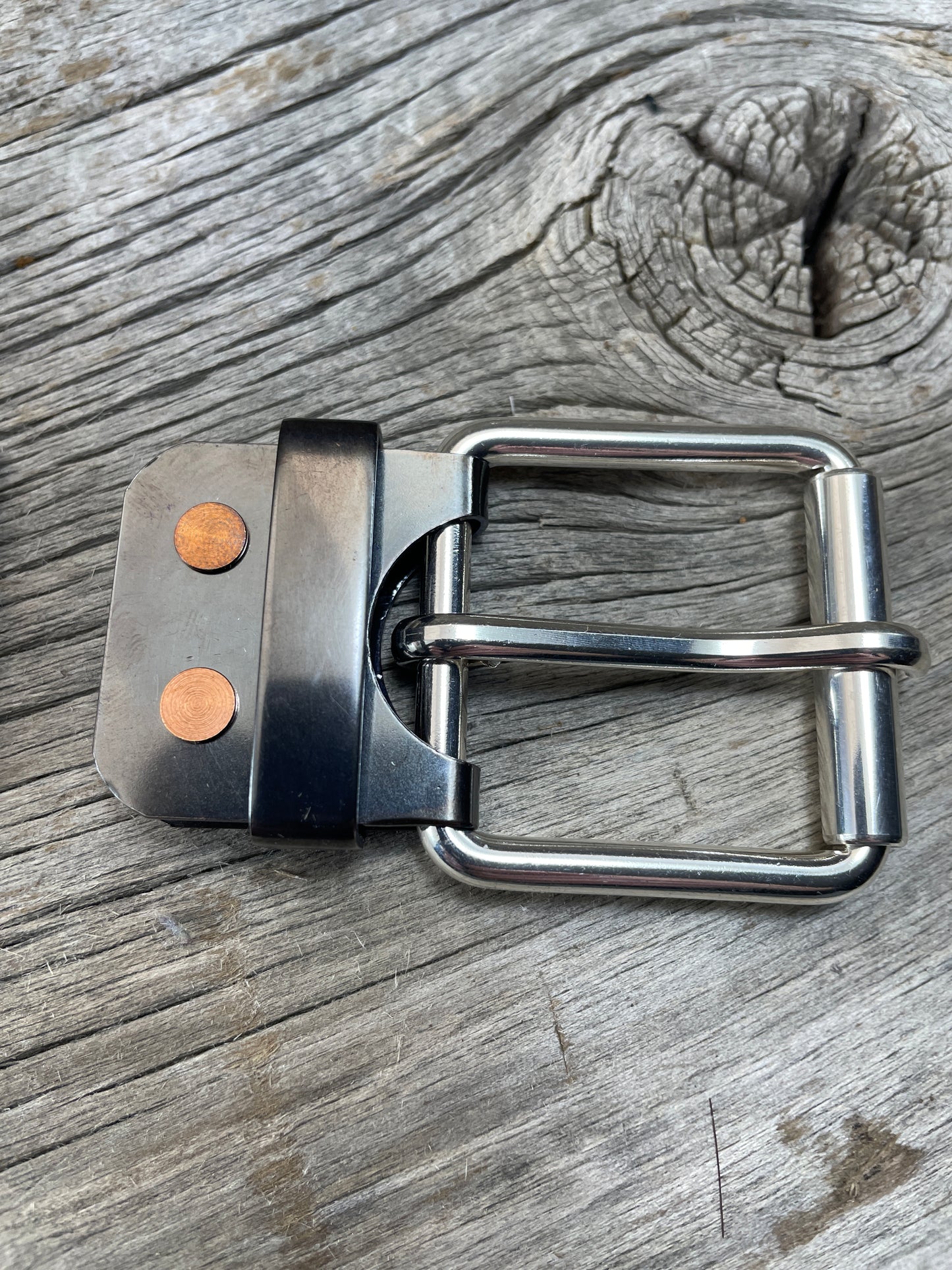 FLEX(SB-04)72 - Sterling Silver Buckle - Copper Keeper - Copper Belt-Plate - on WeatherFlex Waterproof Belt Strap 72"