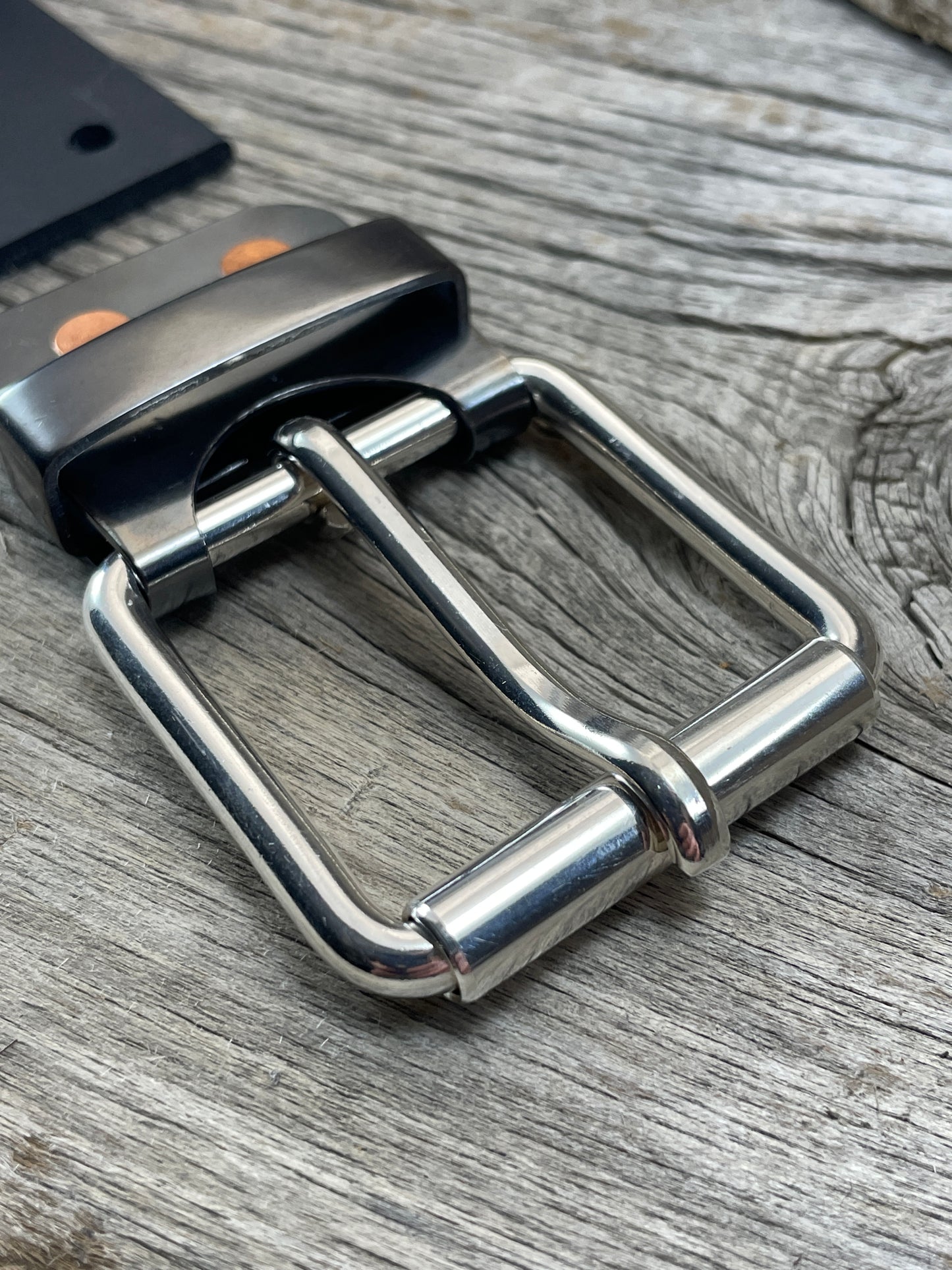 FLEX(SB-04)72 - Sterling Silver Buckle - Copper Keeper - Copper Belt-Plate - on WeatherFlex Waterproof Belt Strap 72"