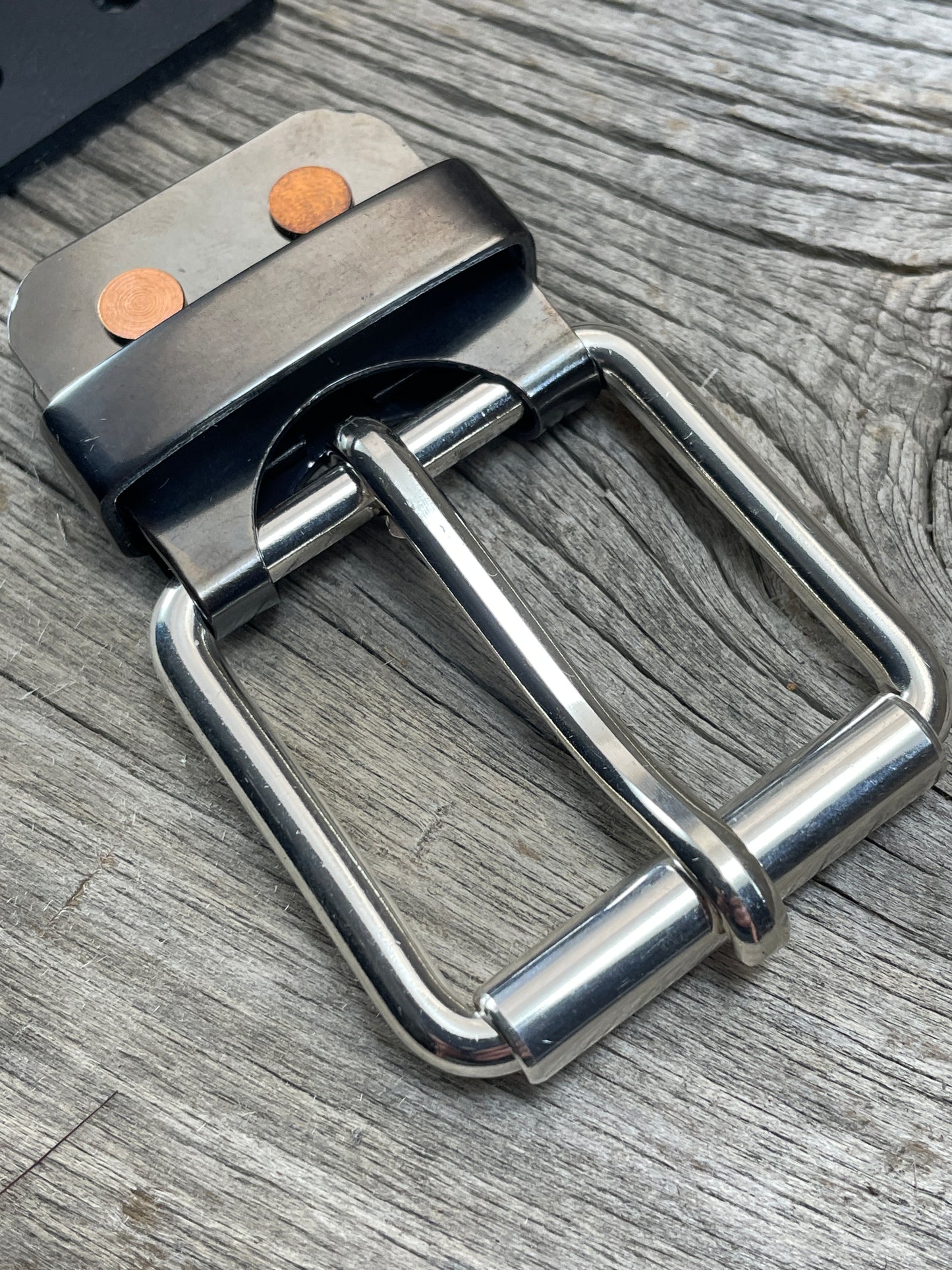 FLEX(SB-04)72 - Sterling Silver Buckle - Copper Keeper - Copper Belt-Plate - on WeatherFlex Waterproof Belt Strap 72"