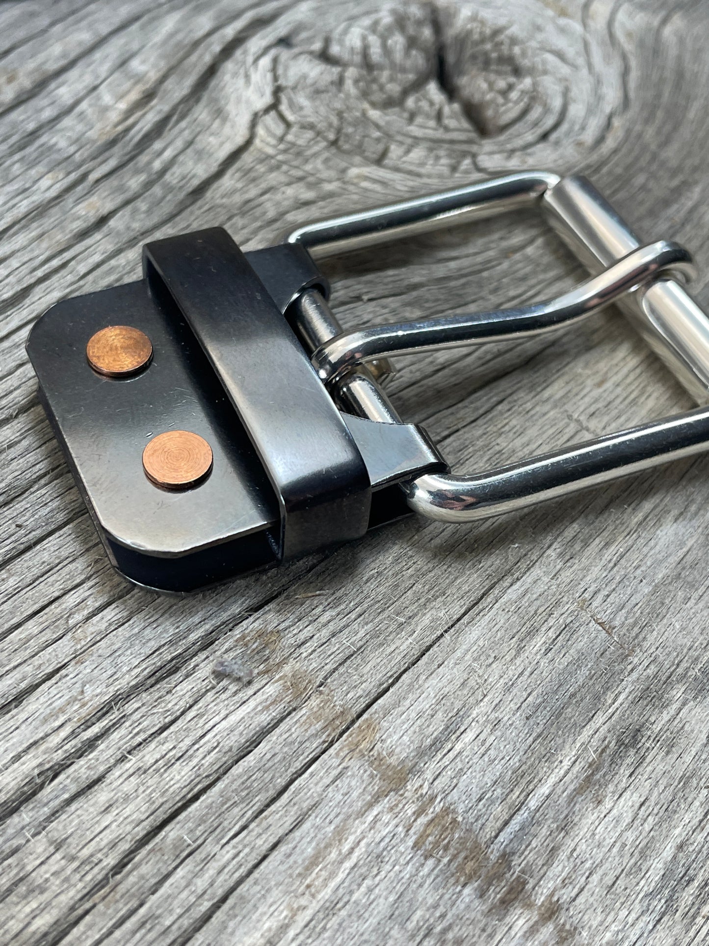 FLEX(SB-04)72 - Sterling Silver Buckle - Copper Keeper - Copper Belt-Plate - on WeatherFlex Waterproof Belt Strap 72"