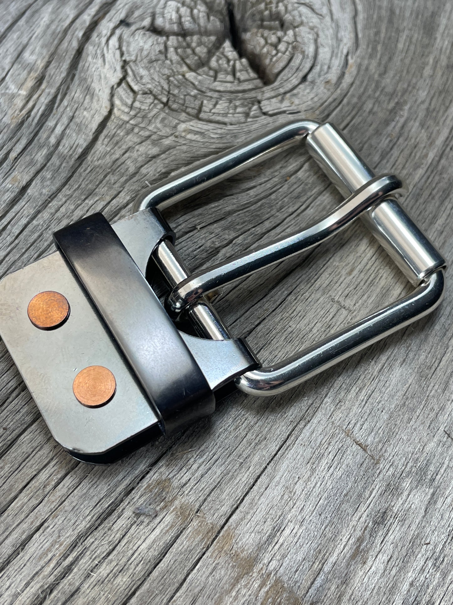 FLEX(SB-04)72 - Sterling Silver Buckle - Copper Keeper - Copper Belt-Plate - on WeatherFlex Waterproof Belt Strap 72"