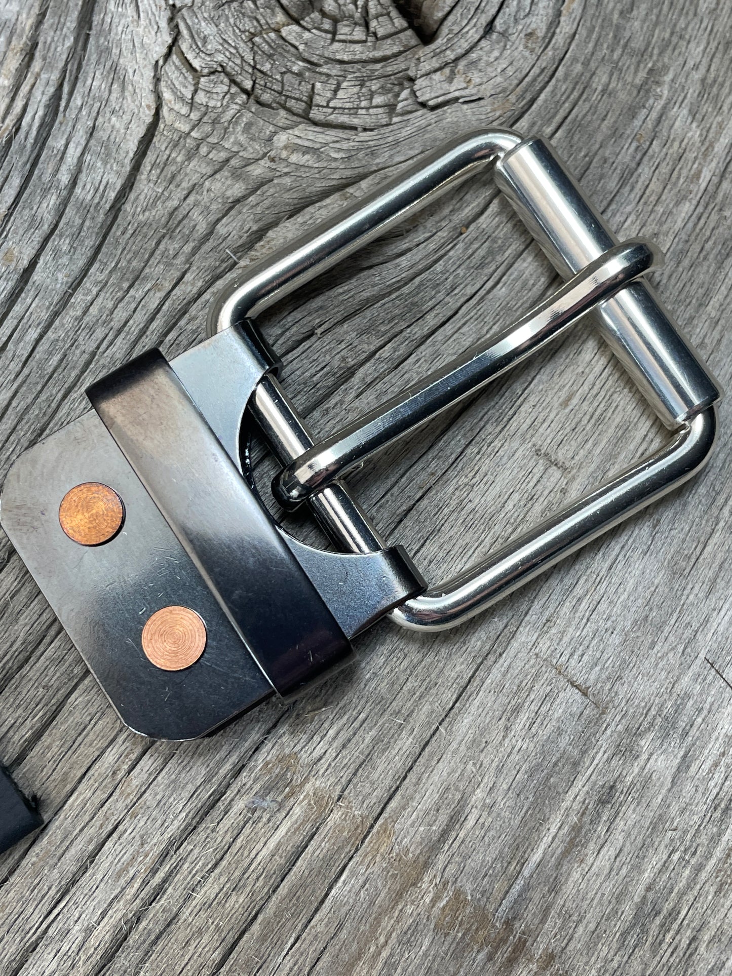 FLEX(SB-04)72 - Sterling Silver Buckle - Copper Keeper - Copper Belt-Plate - on WeatherFlex Waterproof Belt Strap 72"