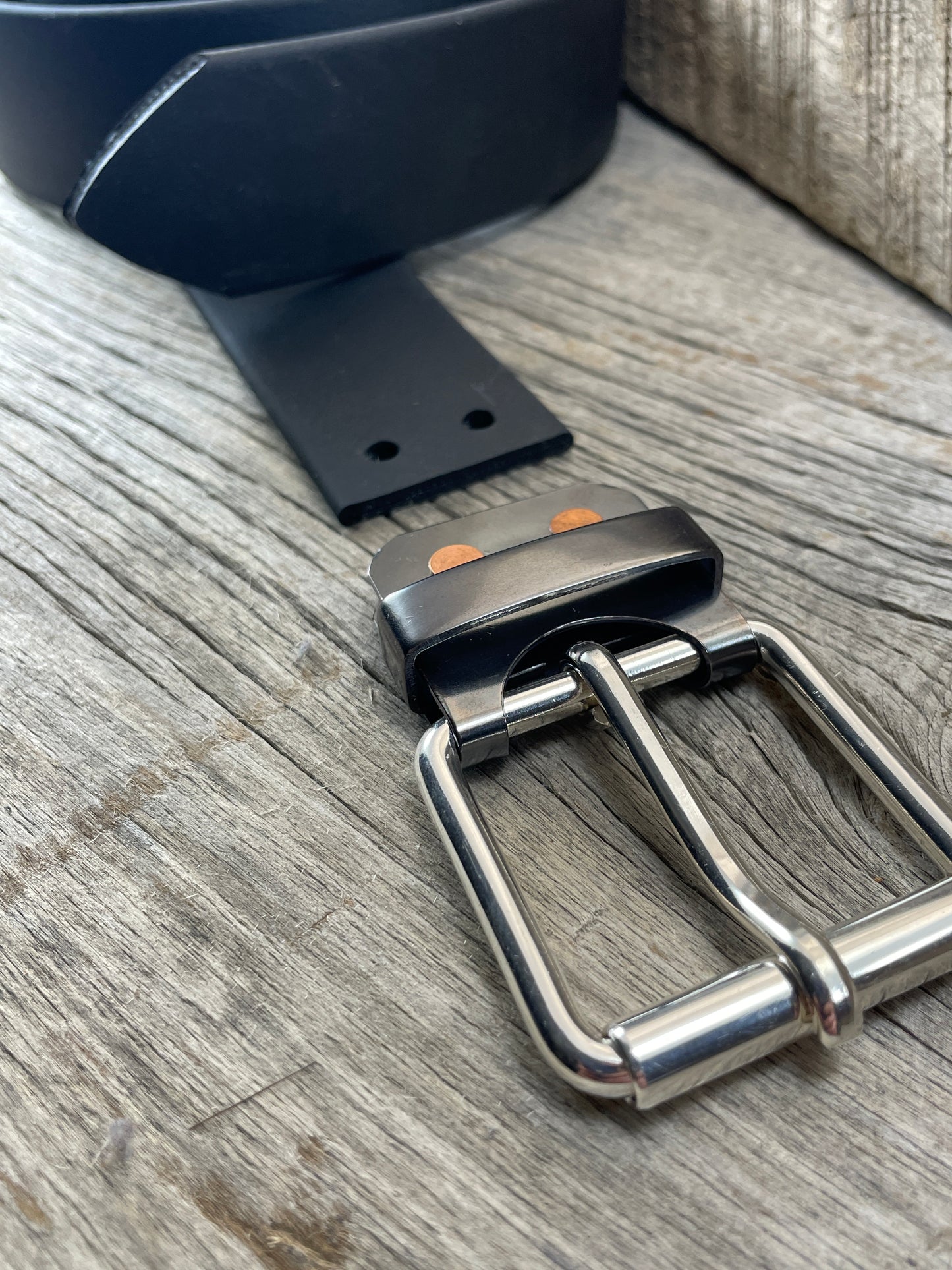 FLEX(SB-04)72 - Sterling Silver Buckle - Copper Keeper - Copper Belt-Plate - on WeatherFlex Waterproof Belt Strap 72"